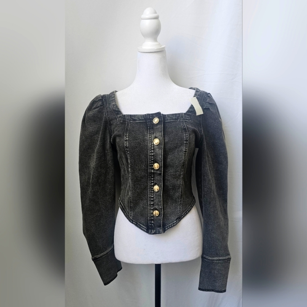 Medium Signature 8 Black Denim Puff Sleeve Corset Top